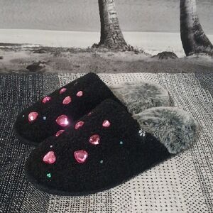 Black Slippers with Pink Gemstones